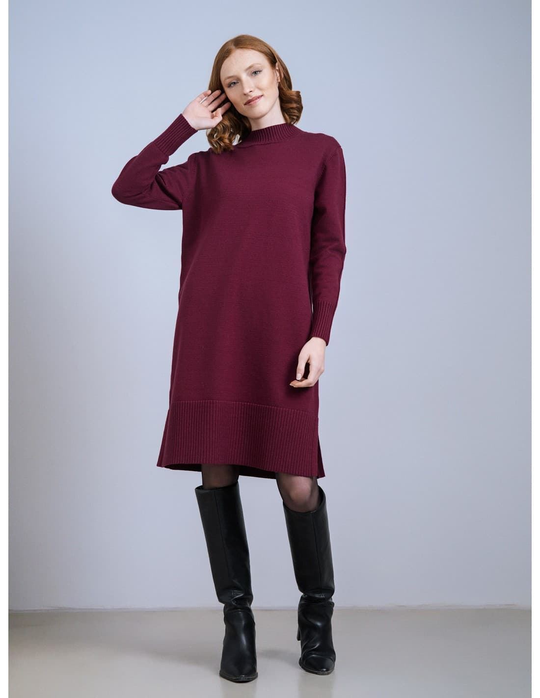Scorzzo_ Vestido punto cuello subido burdeos - Imagen 1